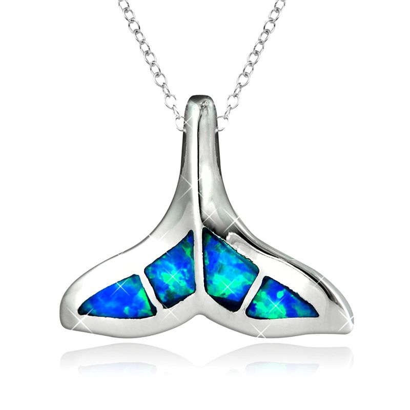 Blue Fire Opal Whale Tail Pendant in Sterling Silver - Click Image to Close